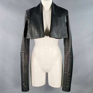 4G Size 0 Black Leather Cropped Large Lapel Open Front Jacket Blazer